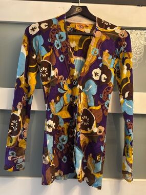 Tory Burch Floral Print Logo Button Front Cardigan Sweater Small S Boho Vintage